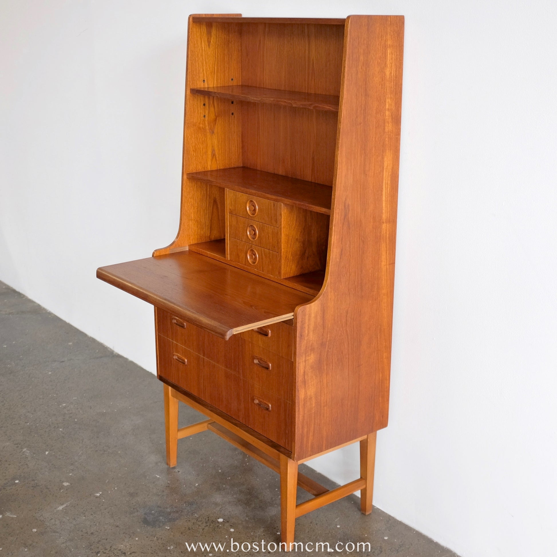 Secretary Desk: Graduated Depth Teak Bookcase Workspace