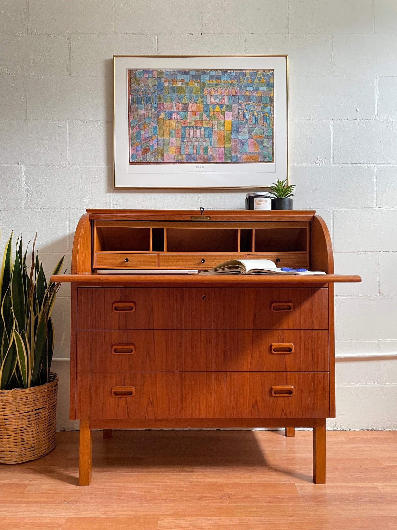 Secretary Desk: Tambour Lid Vintage Teak Writing Bureau