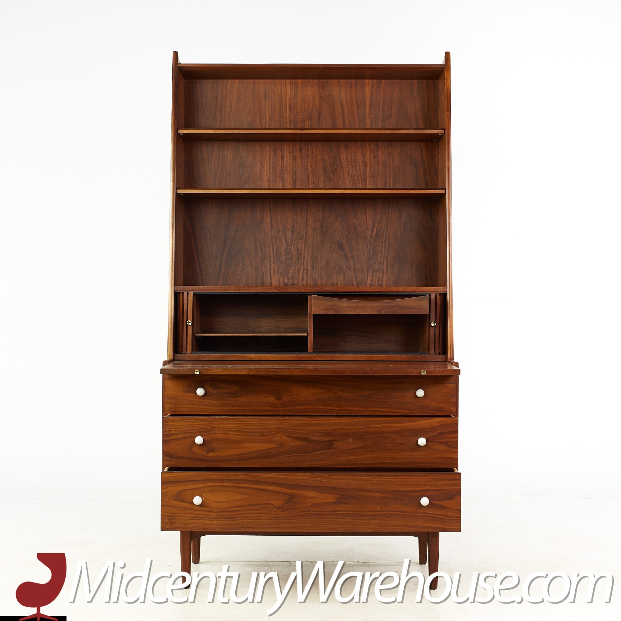 Secretary Desk: Tapered Sides Walnut Tambour Storage Hutch