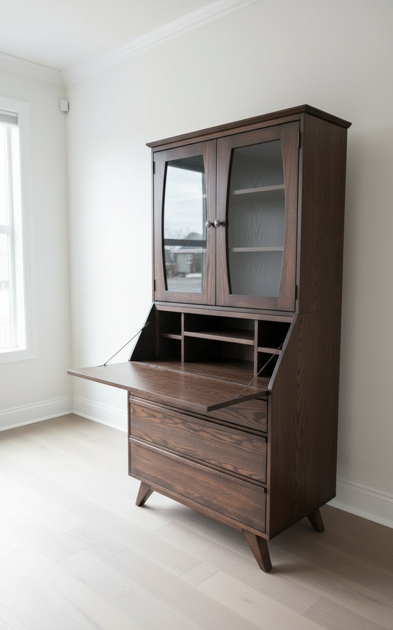Secretary Desk with Curved Door Frames and Walnut Hutch
