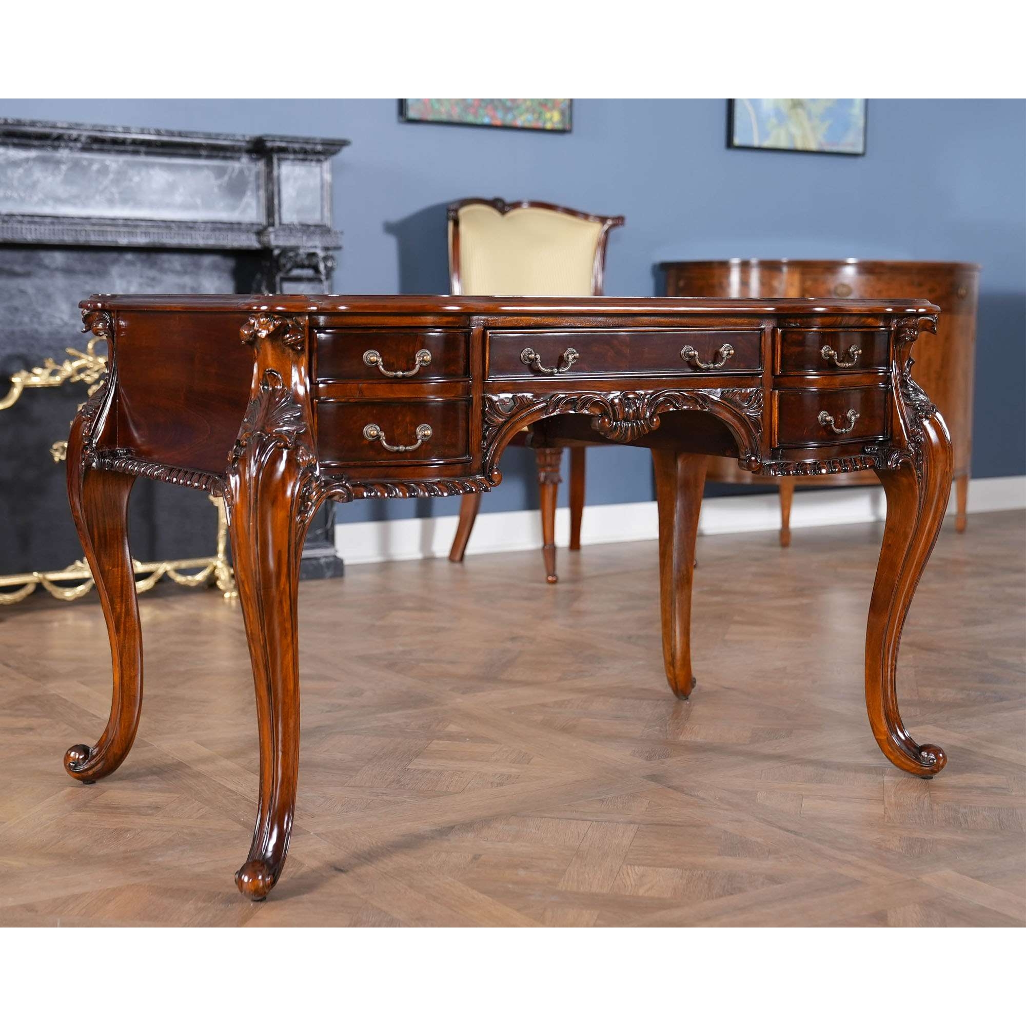 Secretary Writing Desk with Shell Carvings and Leather