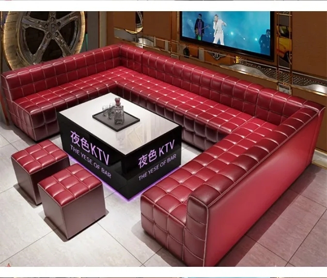 Sectional Seating Set Ruby Red Box Tufted LED Lighted Table