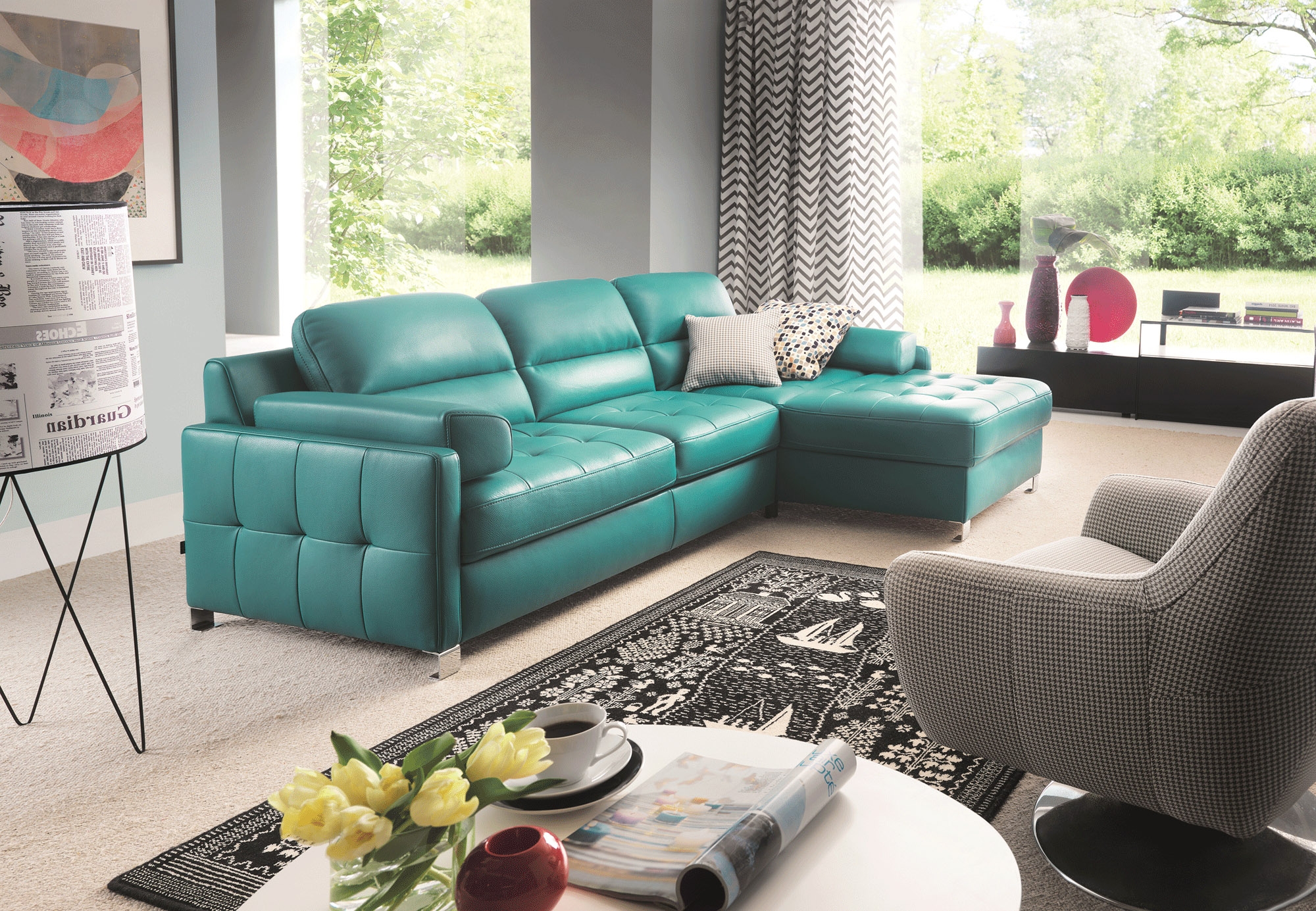 Sectional Sofa Aqua Teal Tufted Seat Grid Couch Set