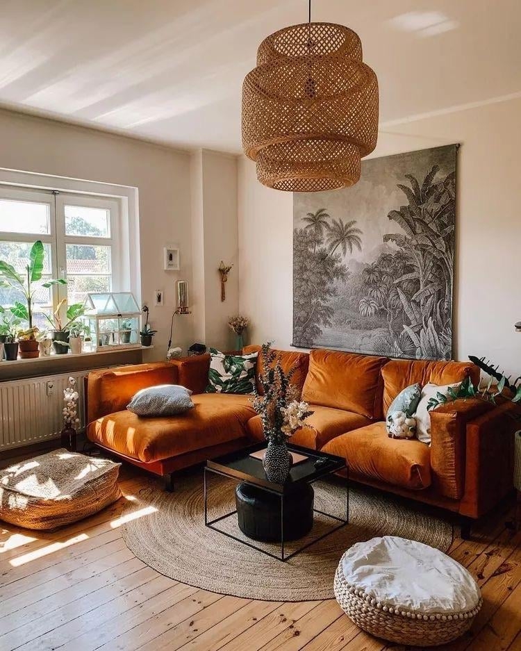 Sectional Sofa beside Tiered Rattan Pendant Light