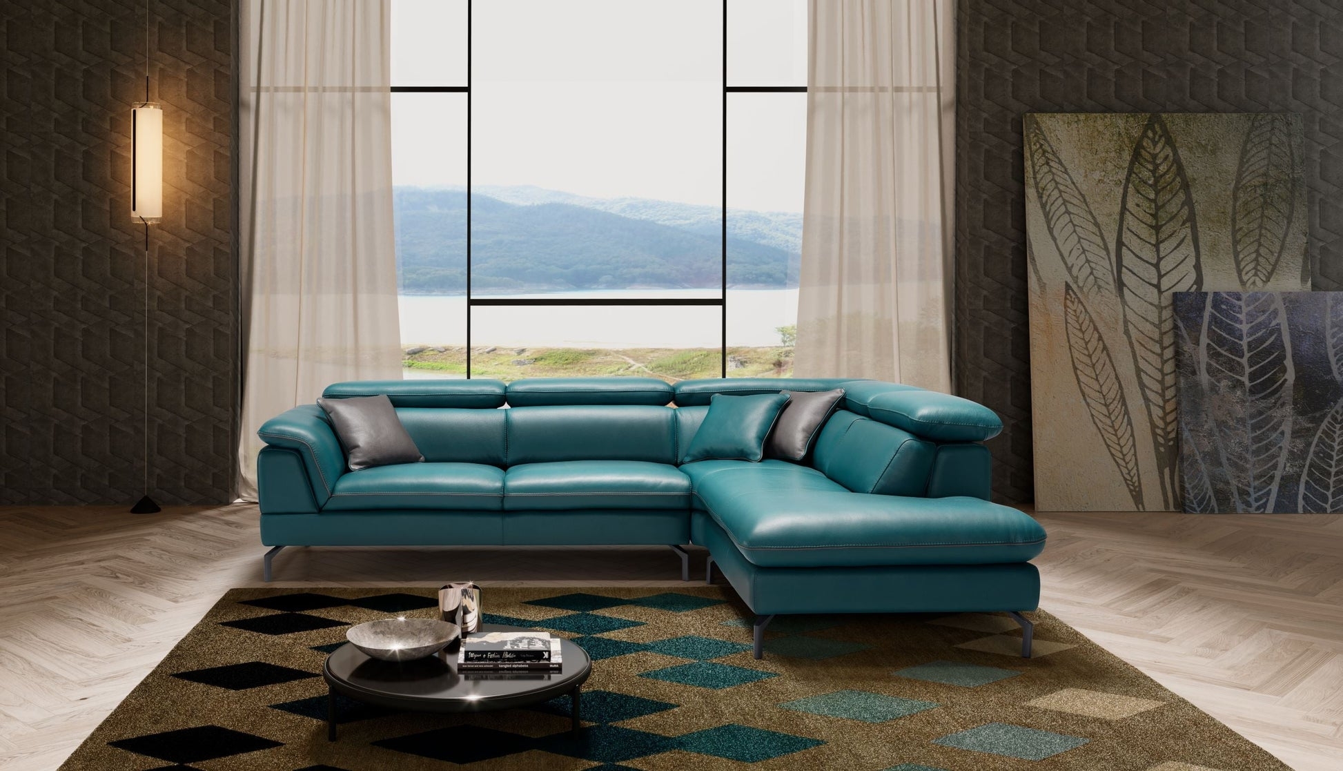 Sectional Sofa Blue Slim Metal Legs Lounge Seating