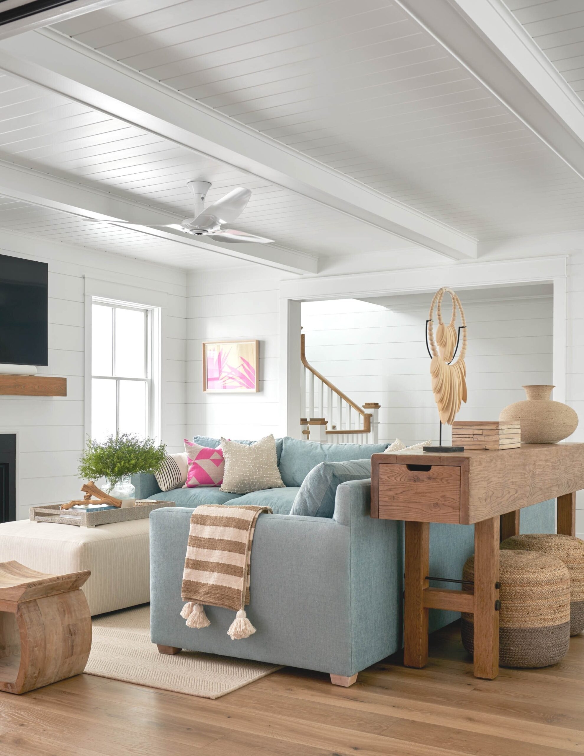 Sectional Sofa Blue Upholstery Shiplap Ceiling Coastal Decor