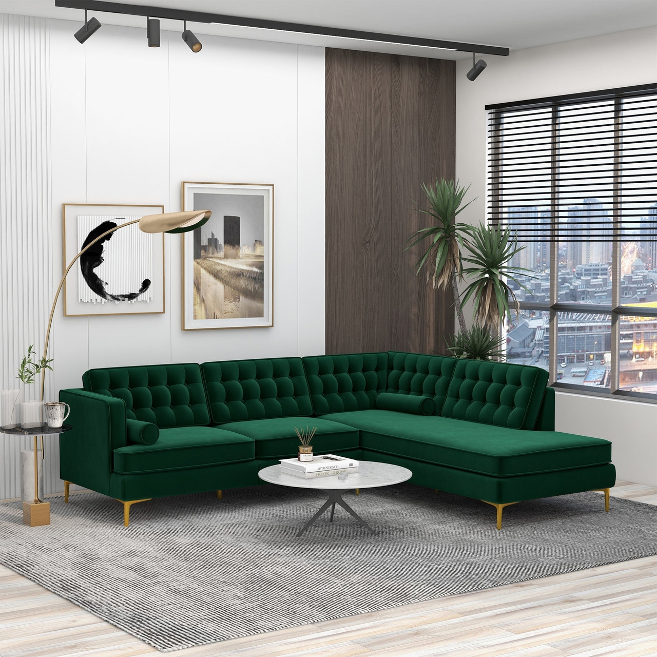 Sectional Sofa Button Tufted Emerald Green Velvet Detail