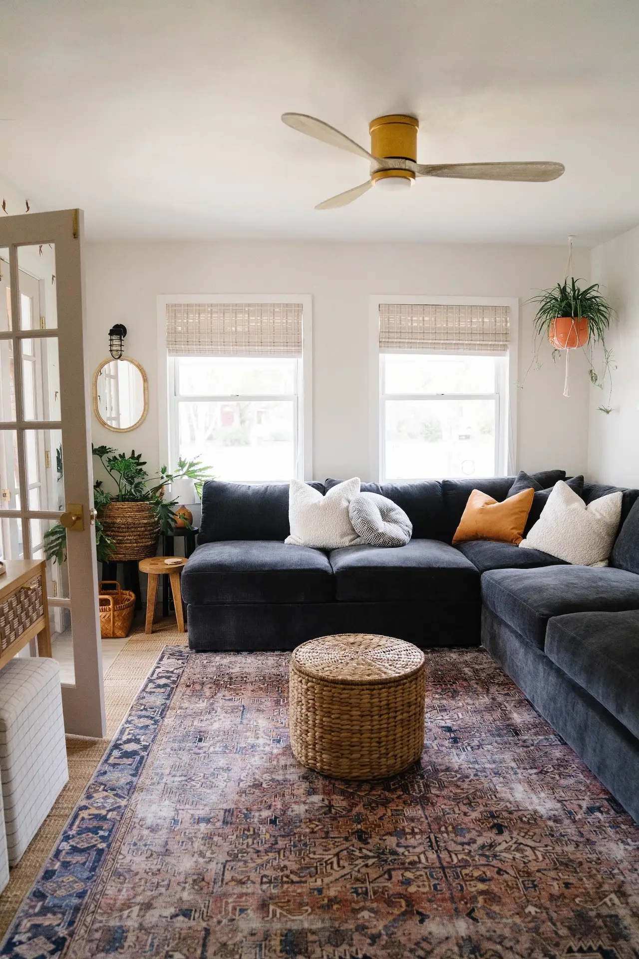 Sectional Sofa Charcoal Black Distressed Boho Rug