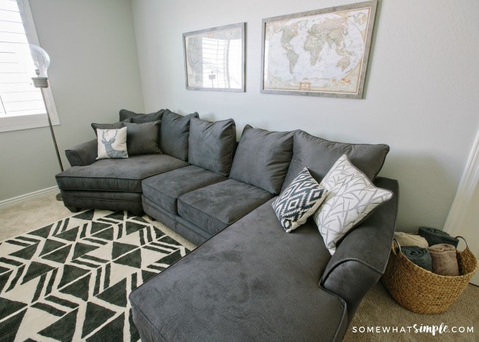 Sectional Sofa Charcoal Fabric World Map Wall Decor Geometric