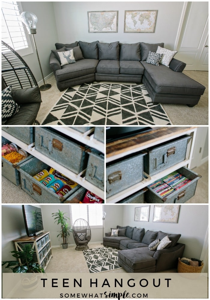 Sectional Sofa Charcoal Grey Industrial Media Console Storage