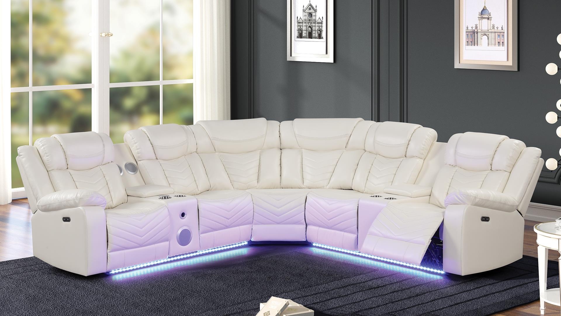 Sectional Sofa Curved Design with Integrated Audio and LED Base