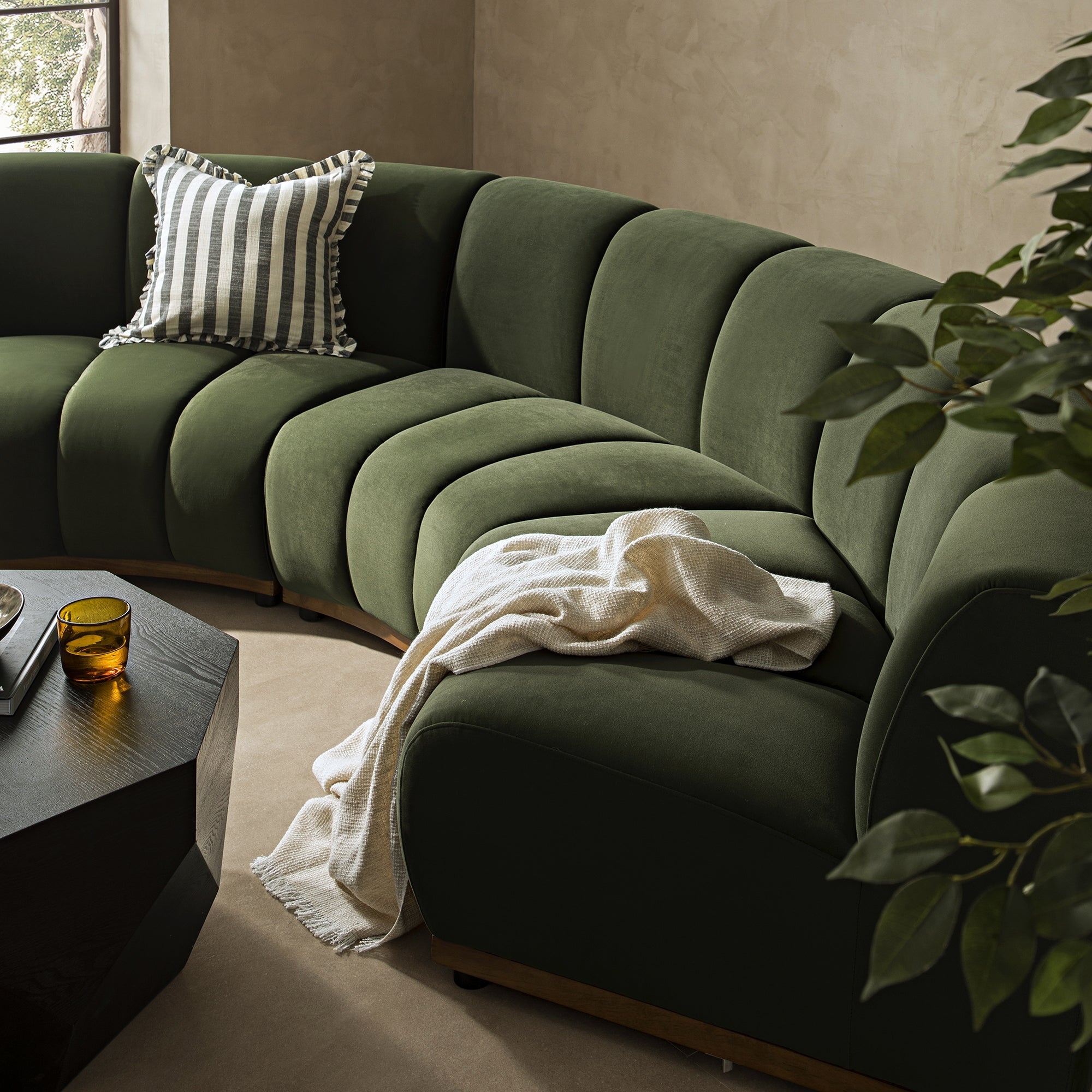 Sectional Sofa Curved Modular Moss Green Channel Tufted