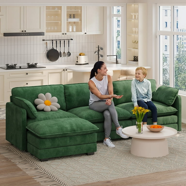 Sectional Sofa Deep Green Ribbed Corduroy Cloud Couch
