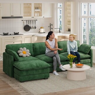 Sectional Sofa Deep Green Ribbed Corduroy Cloud Couch