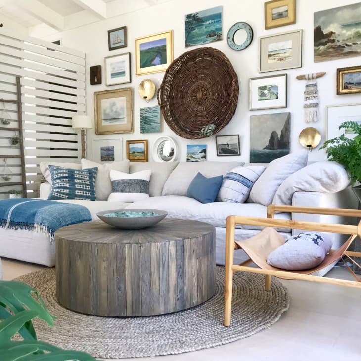 Sectional Sofa Drum Coffee Table and coastal gallery wall ideas