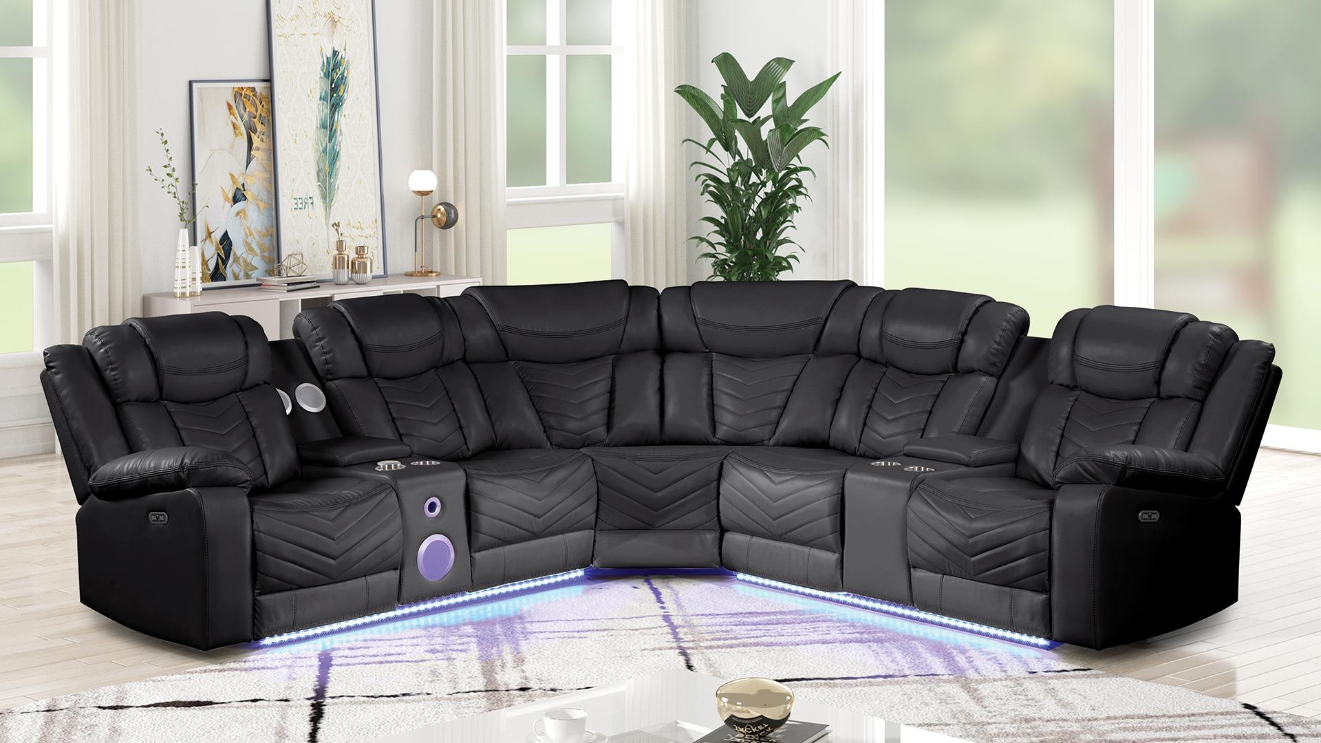 Sectional Sofa featuring Built-In Speakers and Chevron Stitching