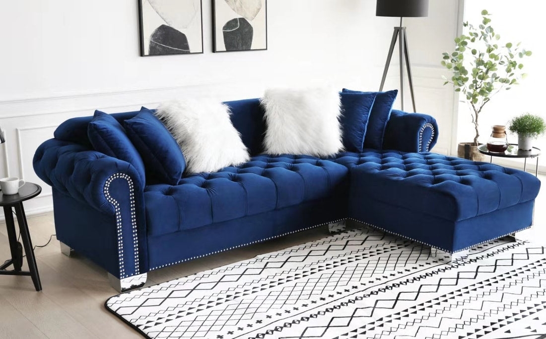 Sectional Sofa featuring L Shaped Chaise and Blue Velvet