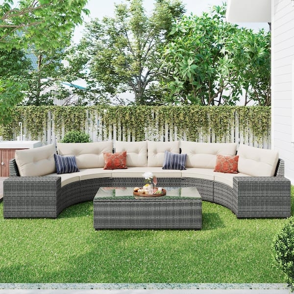 Sectional Sofa Half Moon: Grey Wicker Outdoor Garden Seating