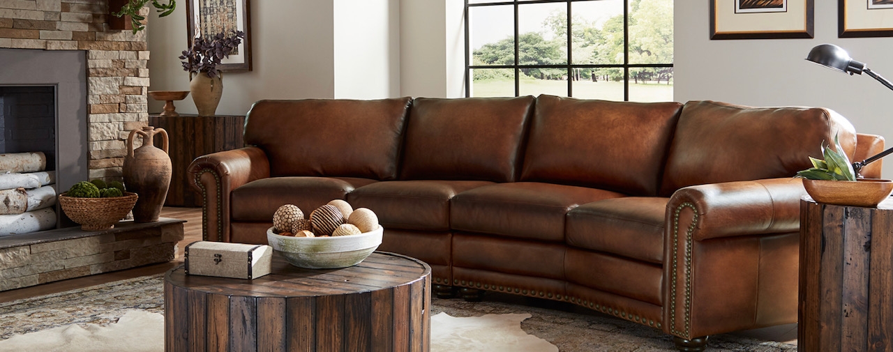 Sectional Sofa in Cognac: Curved Brown Leather Sectional