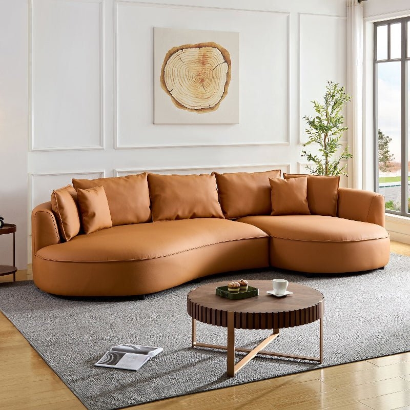 Sectional Sofa in Cognac Leather-Like with Low Profile Silhouette
