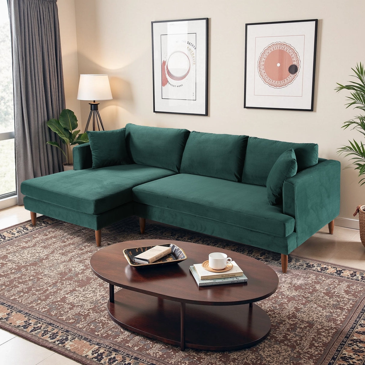 Sectional Sofa Left Facing Green Velvet Tapered Legs