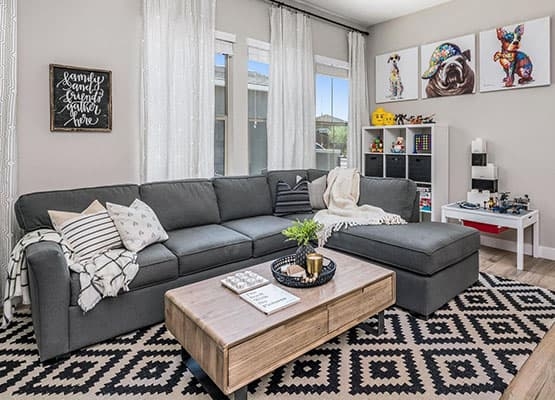 Sectional Sofa Matte Charcoal Fabric Geometric Diamond Rug Set
