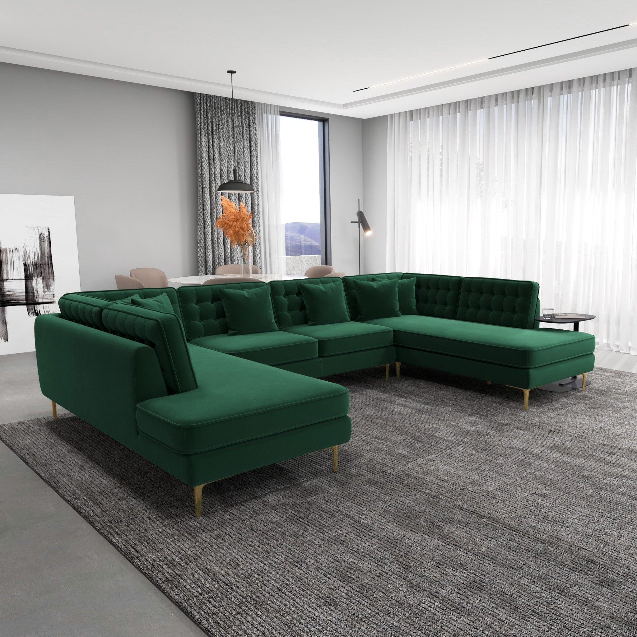Sectional Sofa Modern Emerald Green Velvet Gold Legs