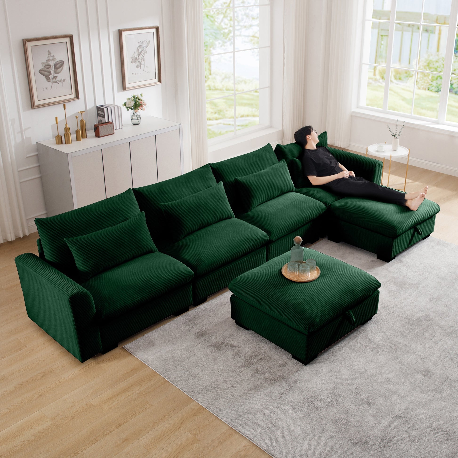 Sectional Sofa Modern Forest Green Corduroy Deep Seat
