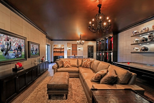 Sectional Sofa: Modern Sports Basement Decor and Chandelier