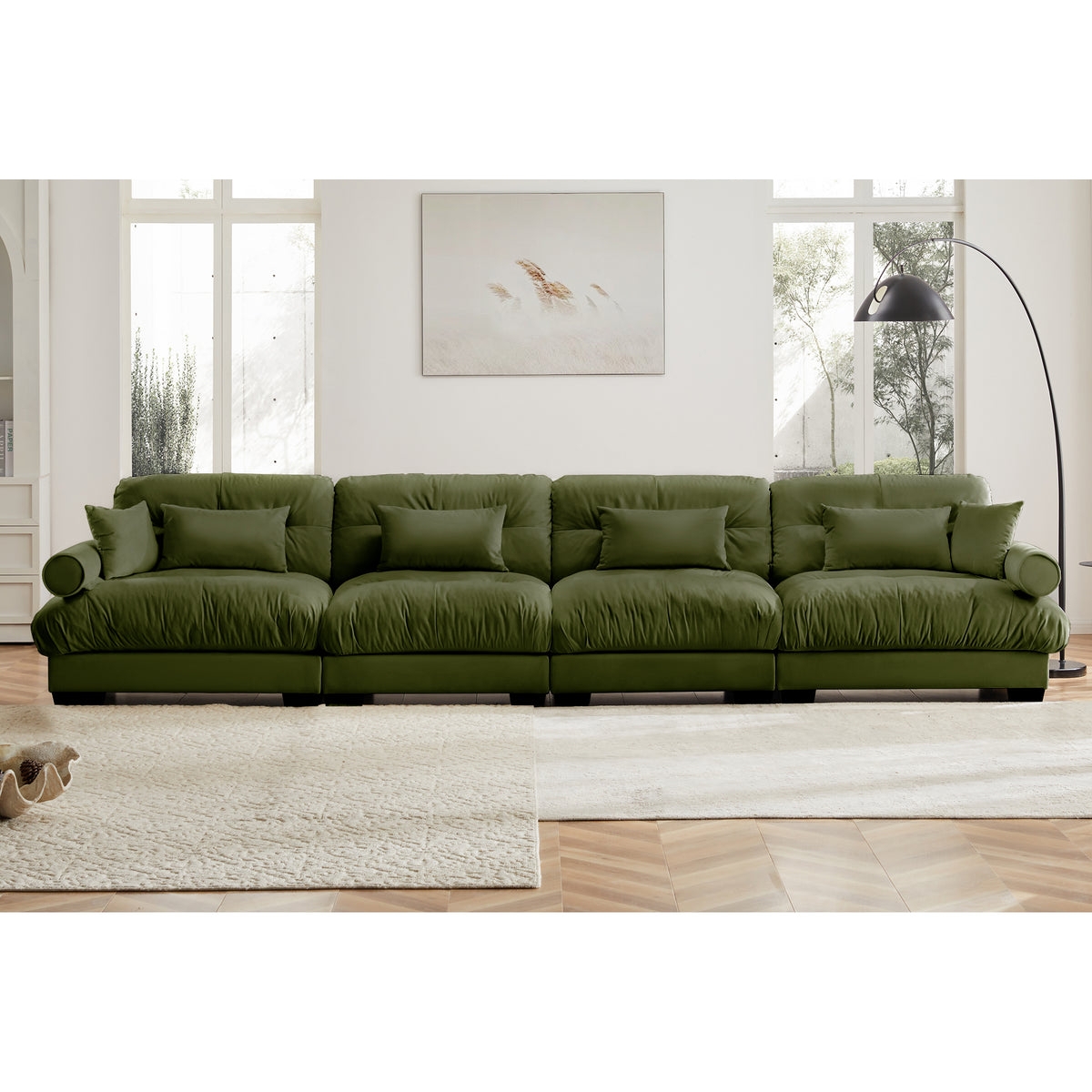 Sectional Sofa Moss Green Ruched Velvet Cloud Couch