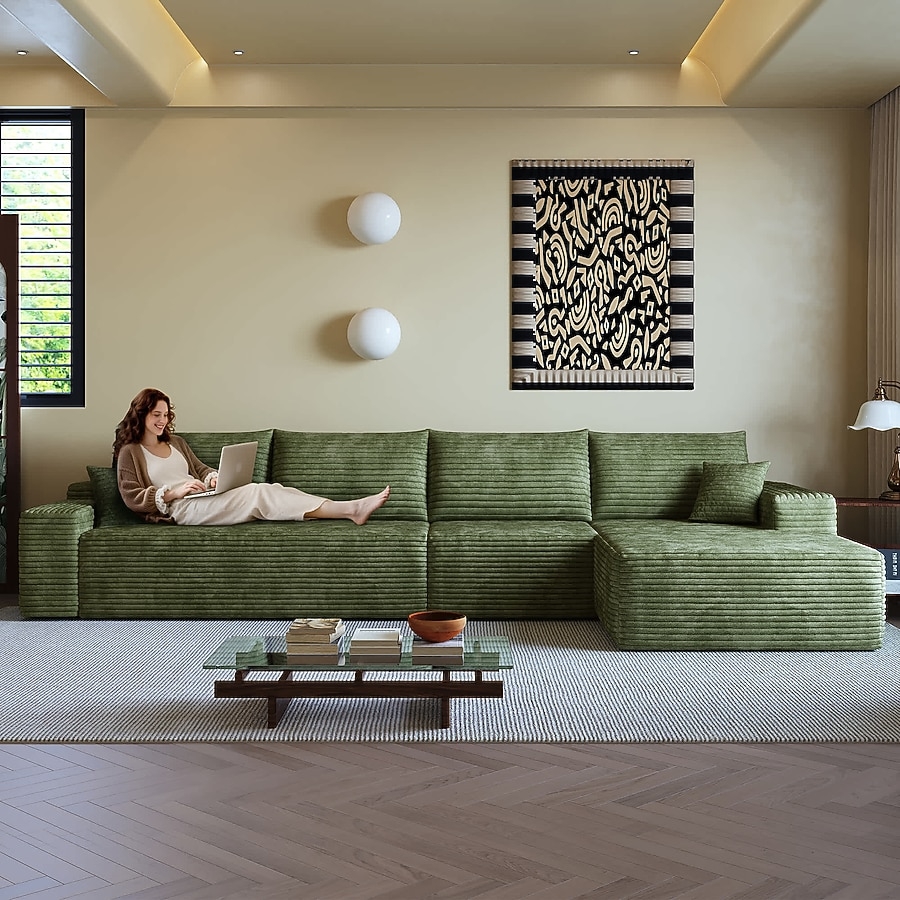 Sectional Sofa Moss Green Textured Ribbed Lounge