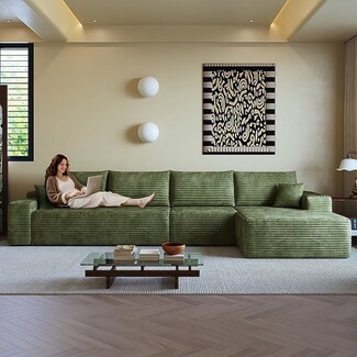 Sectional Sofa Moss Green Textured Ribbed Lounge