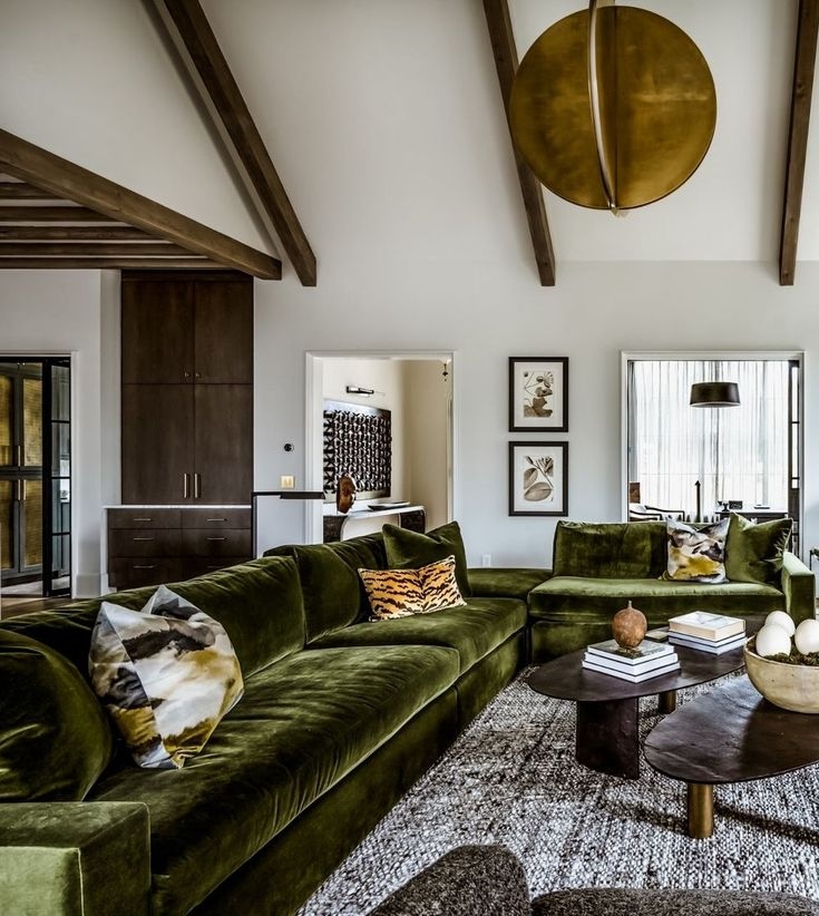 Sectional Sofa Moss Green Velvet Brass Disk Lighting