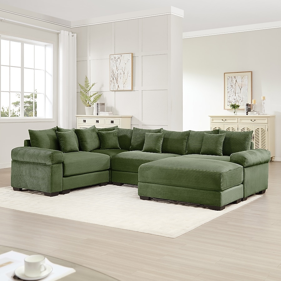 Sectional Sofa Olive Green Corduroy Extra Wide Seats