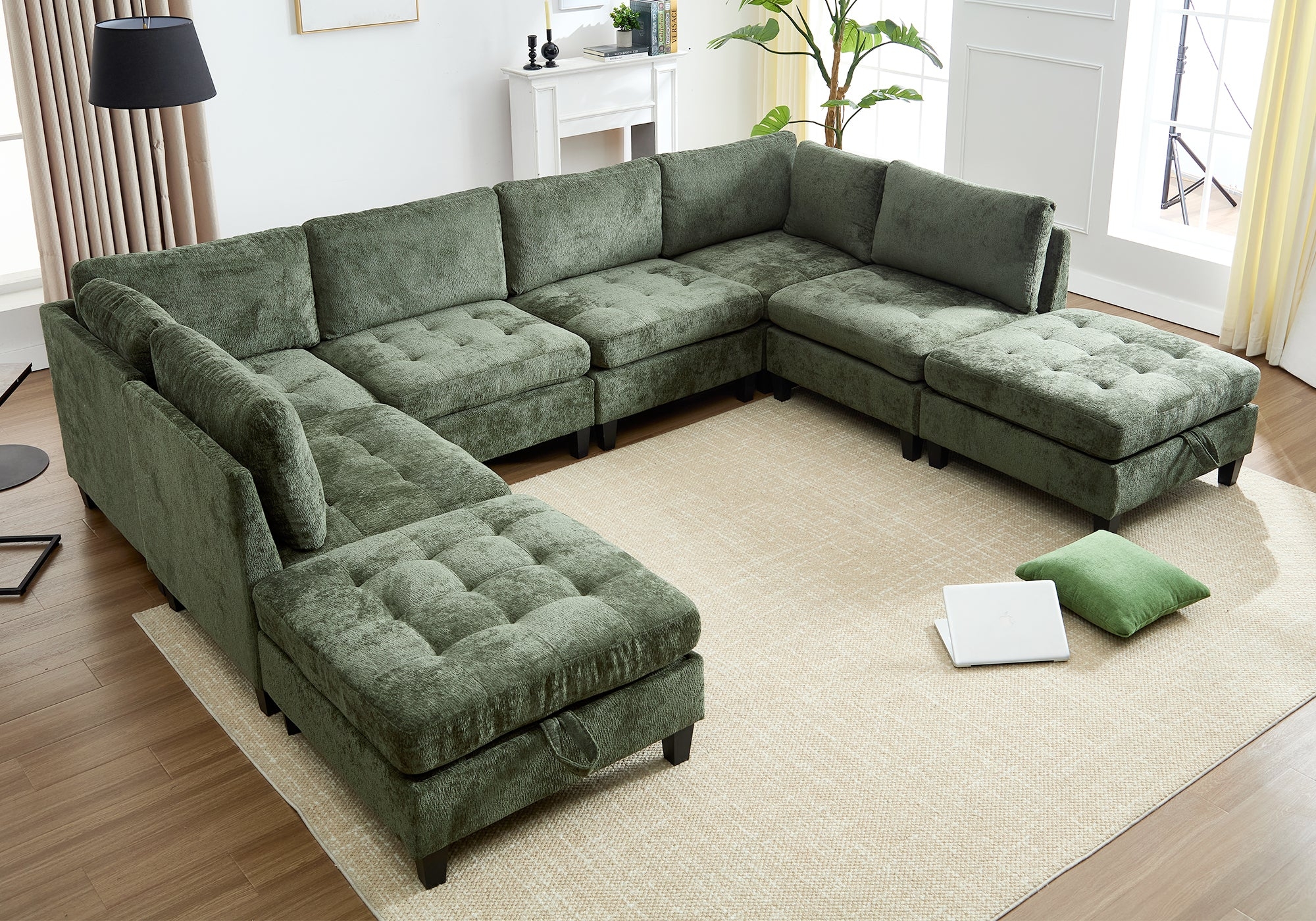 Sectional Sofa Olive Green Fabric Tufted Seat Design