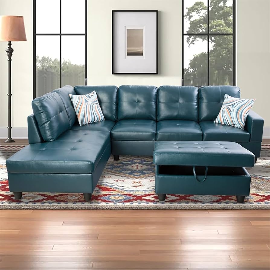 Sectional Sofa Peacock Blue Storage Ottoman Set
