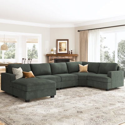 Sectional Sofa Ribbed Green Corduroy Track Arm Seating