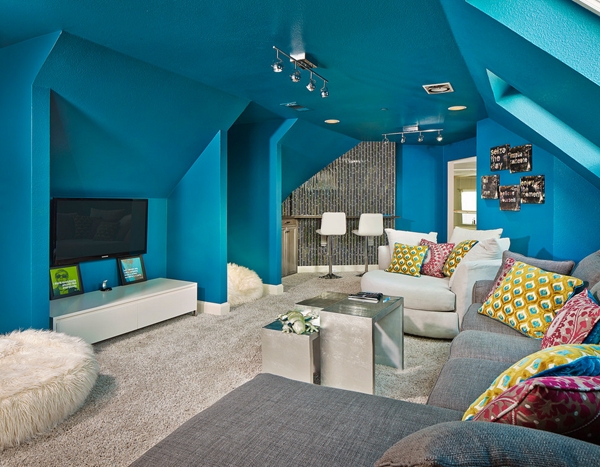 Sectional Sofa Teal Blue Media Room Sloped Ceiling Matte Paint