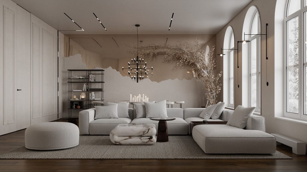 Sectional Sofa Torn Edge Mural and Dried Floral Installation
