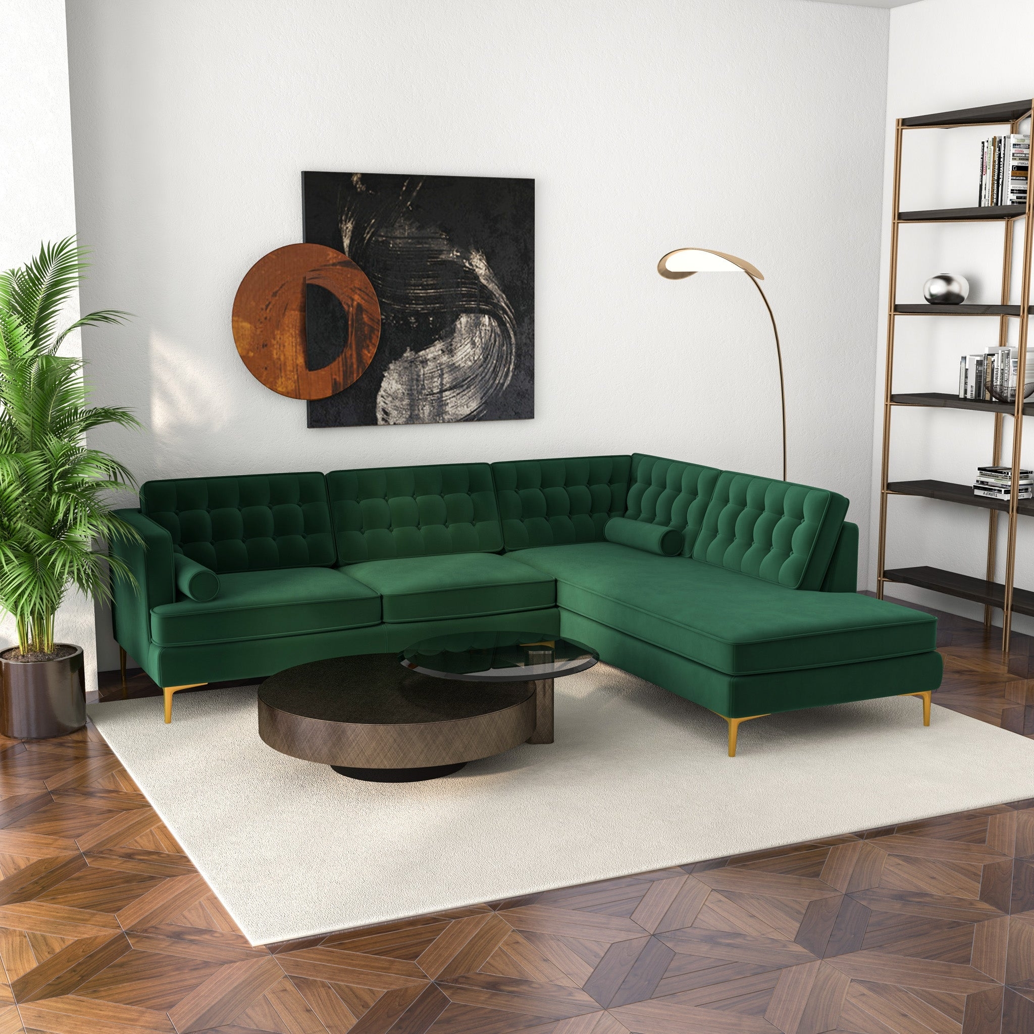 Sectional Sofa Tufted Emerald Green Velvet Buttonless