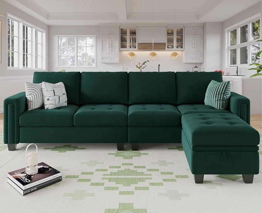 Sectional Sofa Tufted Green Velvet Storage Ottoman