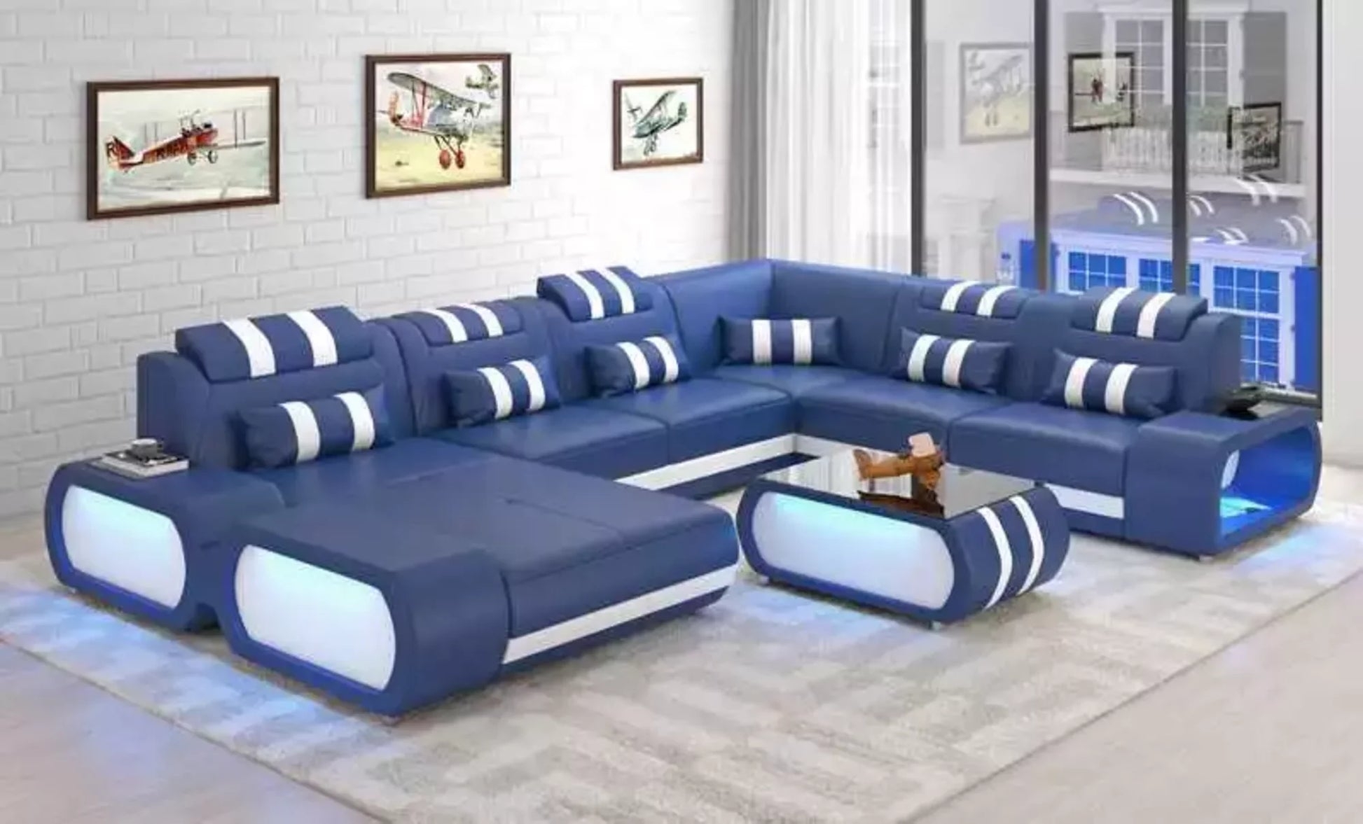 Sectional Sofa U-Shaped Navy Blue Striped Accents with LEDs