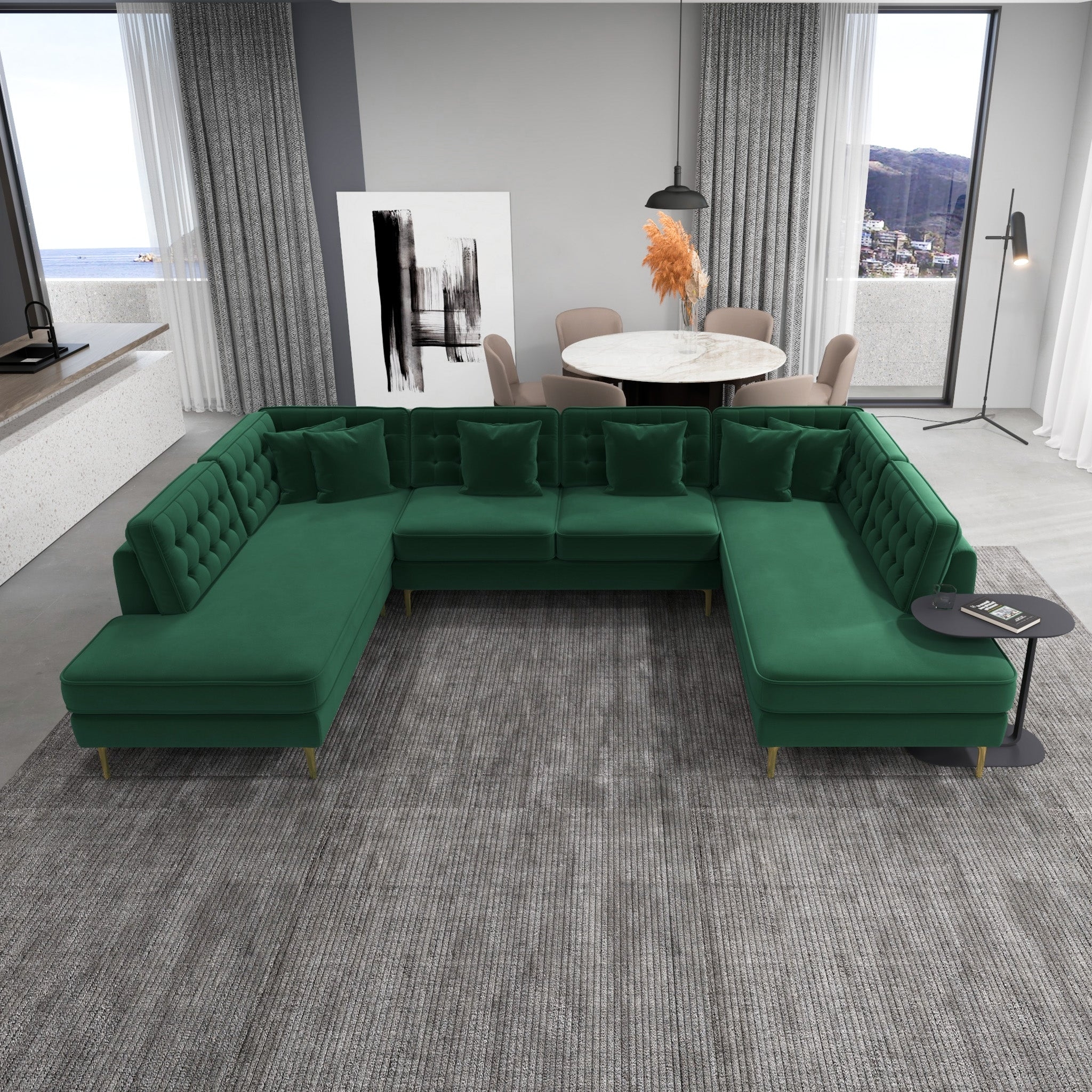 Sectional Sofa Velvet Dark Green Tufted Backrest Detail