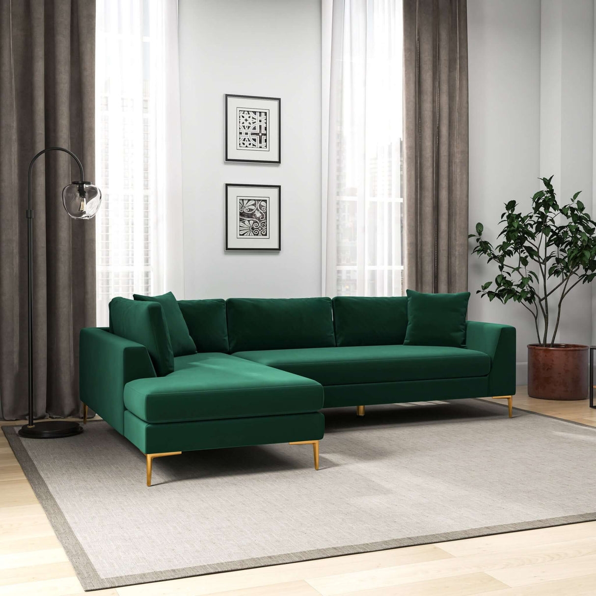 Sectional Sofa Velvet Emerald Green Right Arm Facing