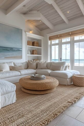 Sectional Sofa Whitewashed wood beams and woven ottoman coffee table