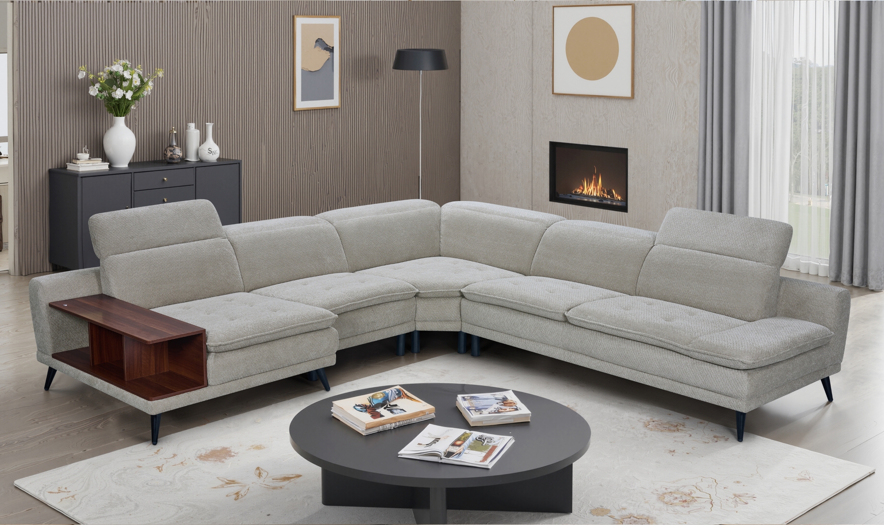 Sectional Sofa with Built-in Side Table and Adjustable Headrests