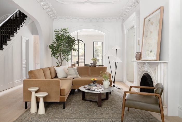 Sectional Sofa with Caramel Velvet and Arched Doorway