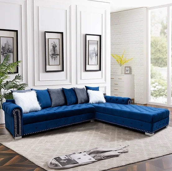 Sectional Sofa With Chaise Lounge and Silver Nailheads