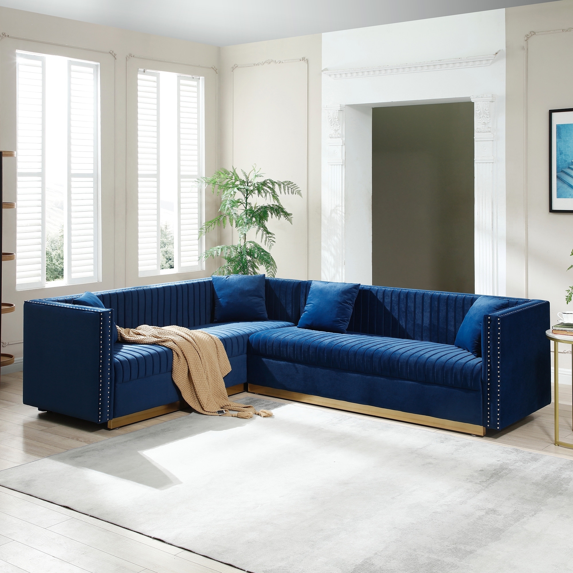 Sectional Sofa with Gold Base and Channel Tufted Velvet
