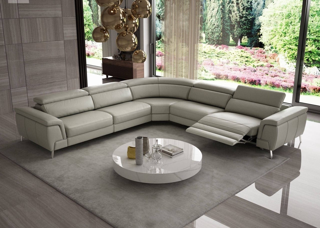 Sectional Sofa with Integrated Recliners and Light Grey Leather
